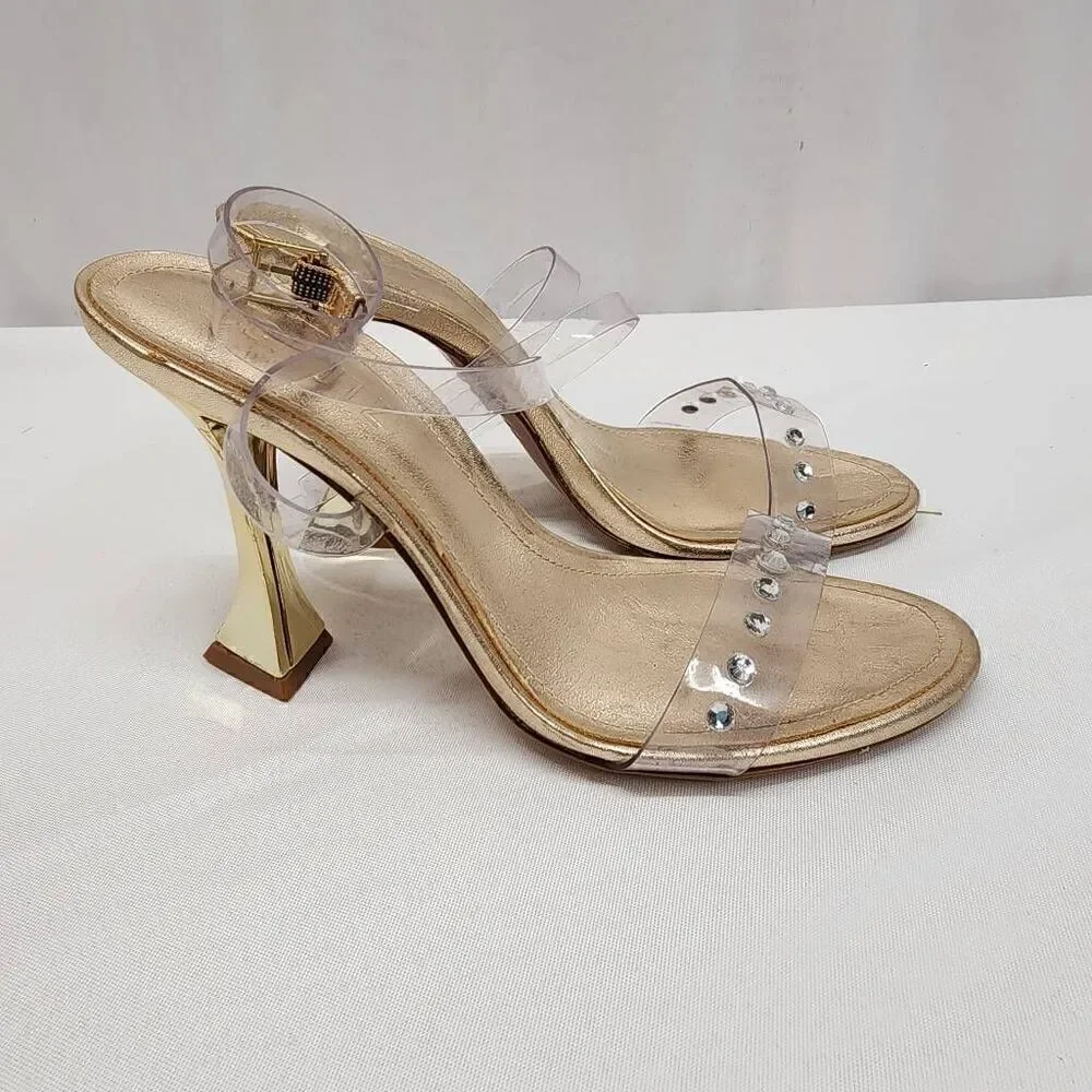 Schutz Size 5 B Glasy Gold Metallic Transparent Heel Sandals M